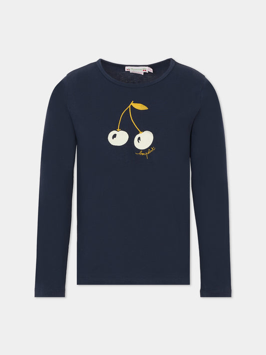 T-shirt blu per bambina con ciliegie e logo,Bonpoint,W05GTSK00021 170