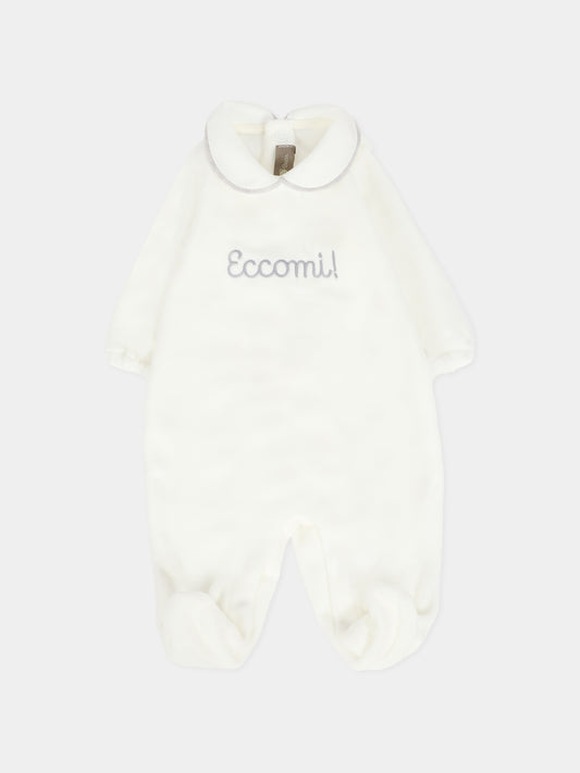 Tutina bianca per neonati con scritta Eccomi,Little Bear,2028 LATTE/GRIGIO