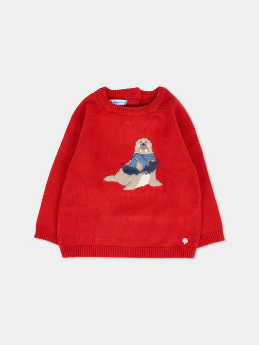 Maglione rosso per neonata con foca e logo,Mayoral,2345 021