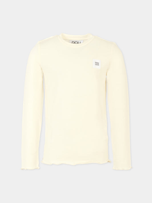 T-shirt avorio per bambina con patch logato,Douuod Kids,DX8A40 Z3382 101