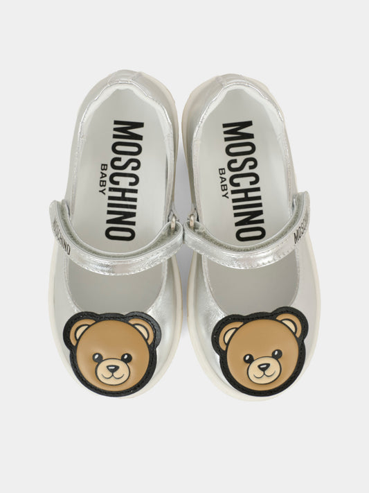 Silver ballet flats for baby girl and girl with Teddy Bear