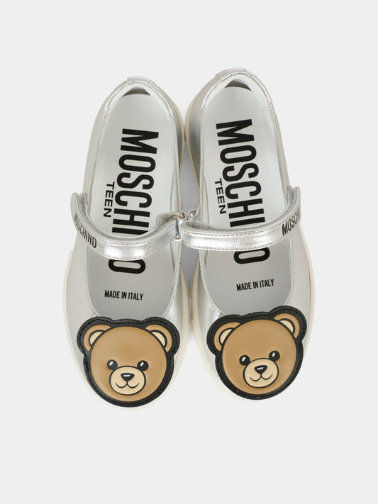 Silver ballet flats for girl with Teddy Bear