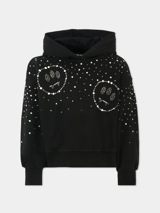 Felpa crop nera per bambina con smile e strass,Barrow,F5BKJGHS179 110