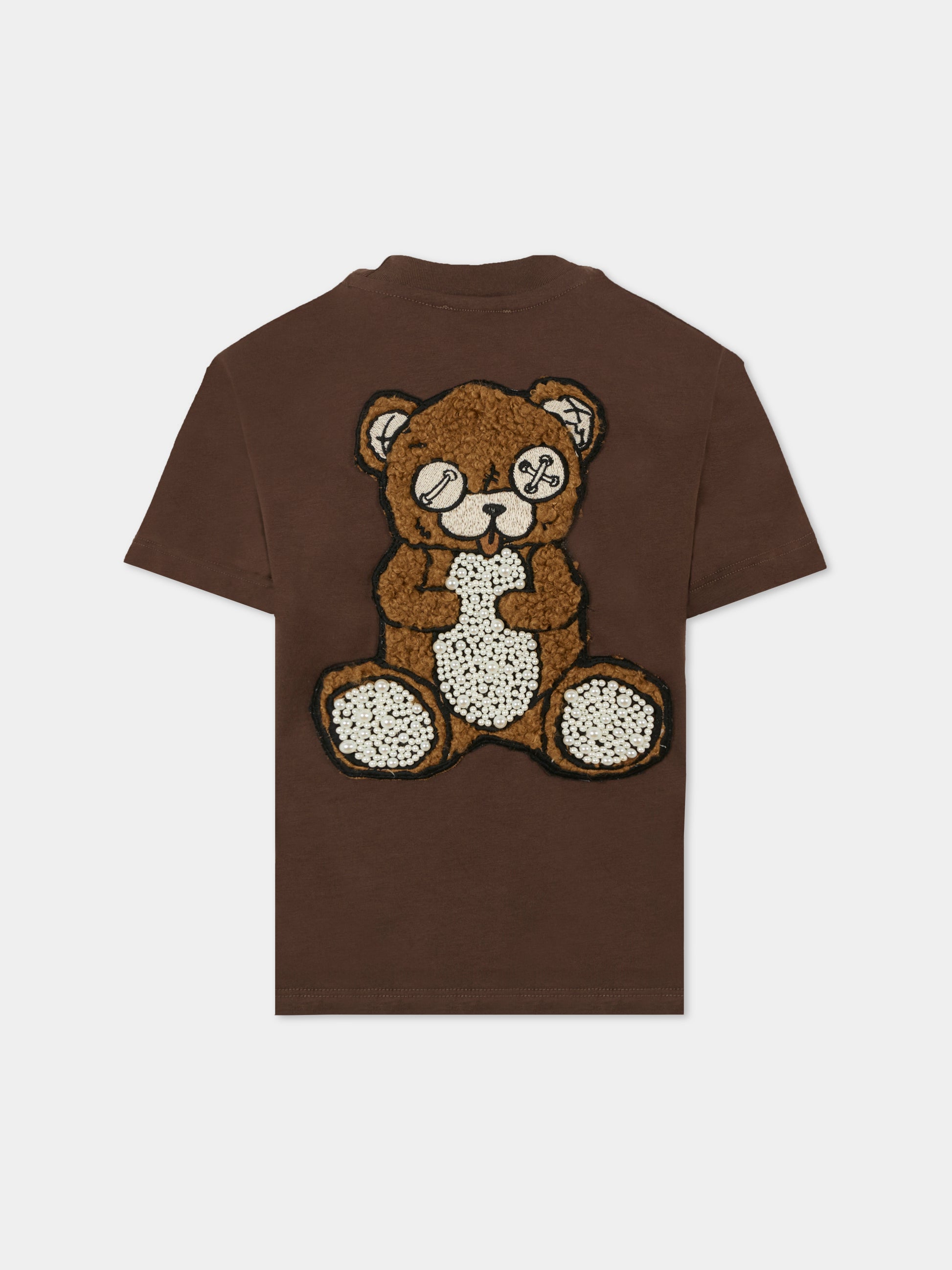T-shirt marrone per bambina con orso e perle,Barrow,F5BKJGTH133 308