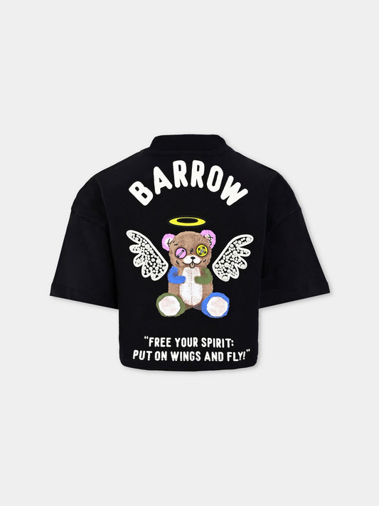 T-shirt crop nera per bambina con stampa Bear e perle,Barrow,F5BKJGTH185 110