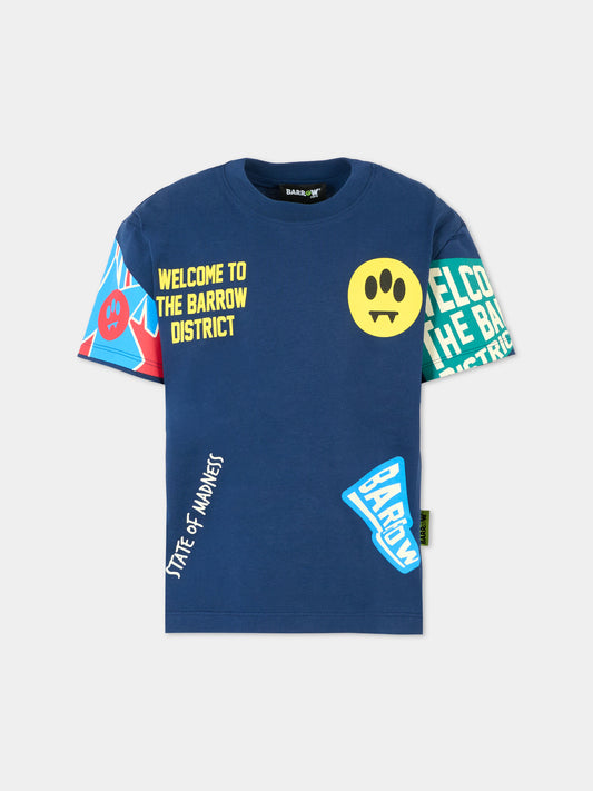 T-shirt blu per bambino con smile e scritta,Barrow,F5BKJUTH079 060