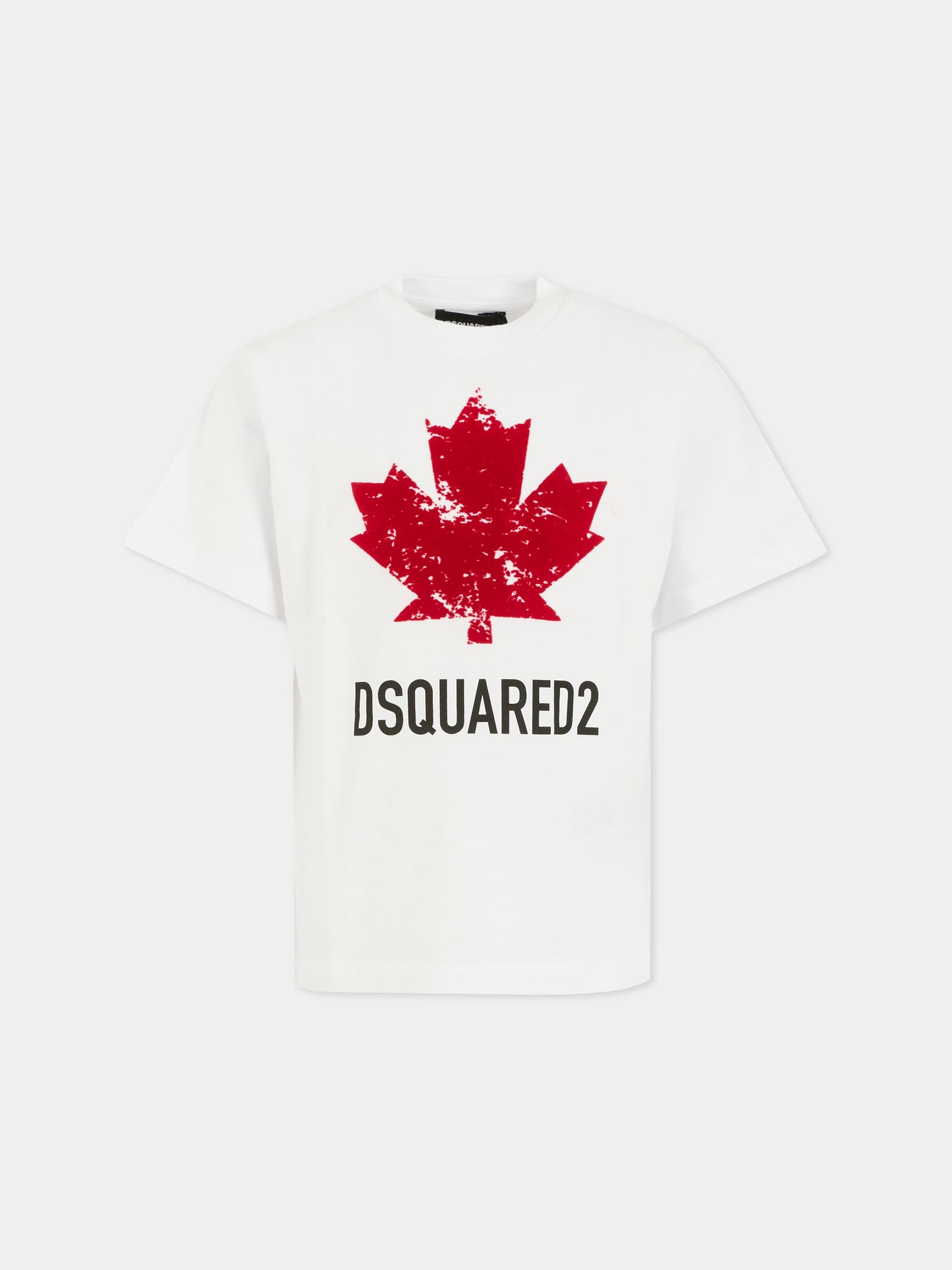 T-shirt bianca per bambini con logo e foglia d'acero,Dsquared2,DQ2982-D00XM-DQ100