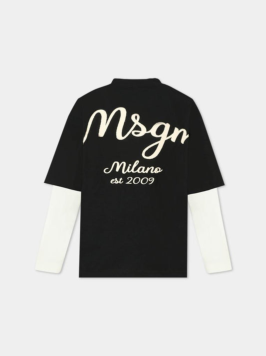 T-shirt nera per bambino con logo avorio,Msgm Kids,F5MSJBTH257 110