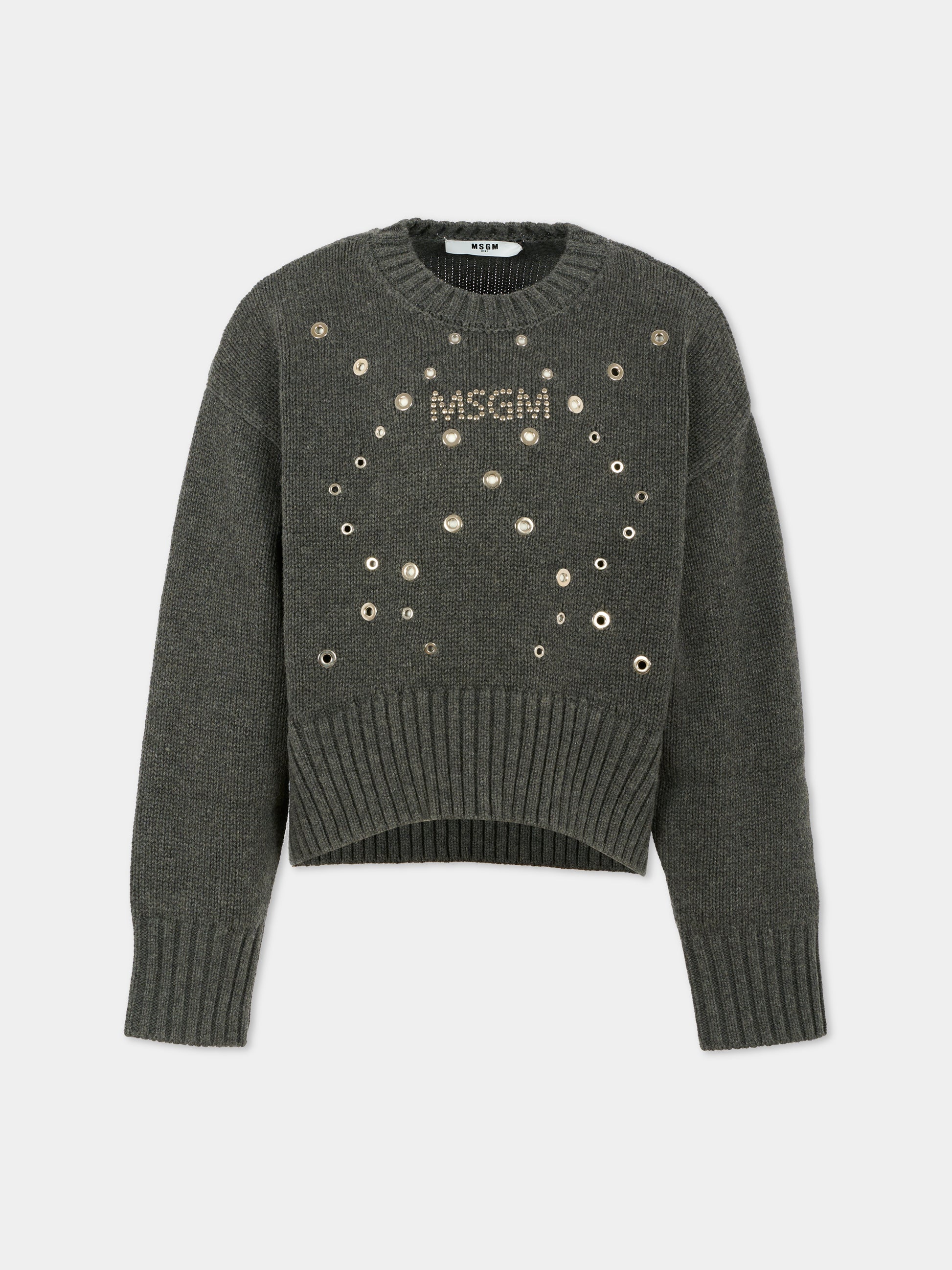 Maglione grigio per bambina con logo e borchie,Msgm Kids,F5MSJGJP037 104