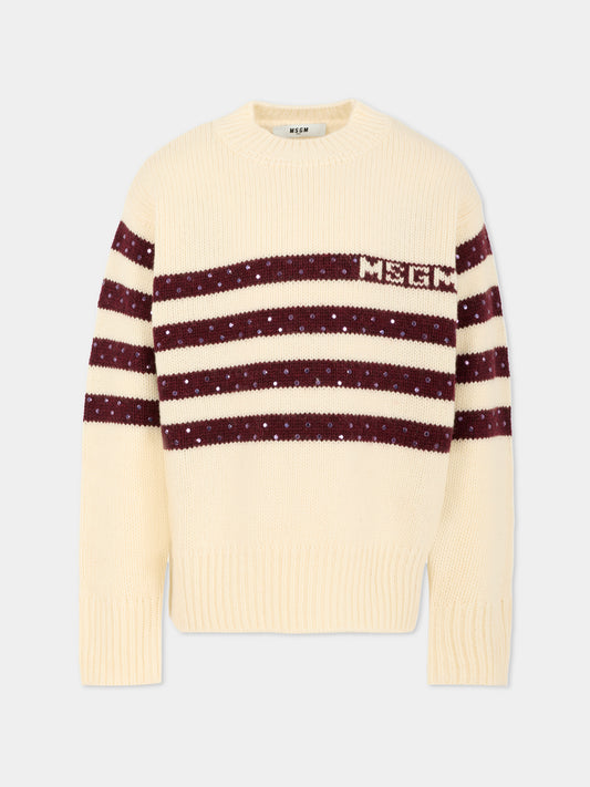 Maglione avorio per bambina con logo e borchie,Msgm Kids,F5MSJGJP082 013/19