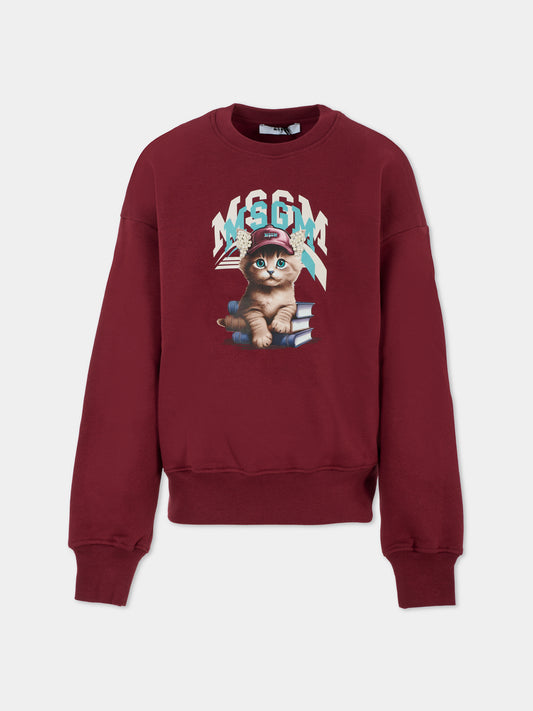 Felpa bordeaux per bambina con gatto,Msgm Kids,F5MSJGSW125 MS034