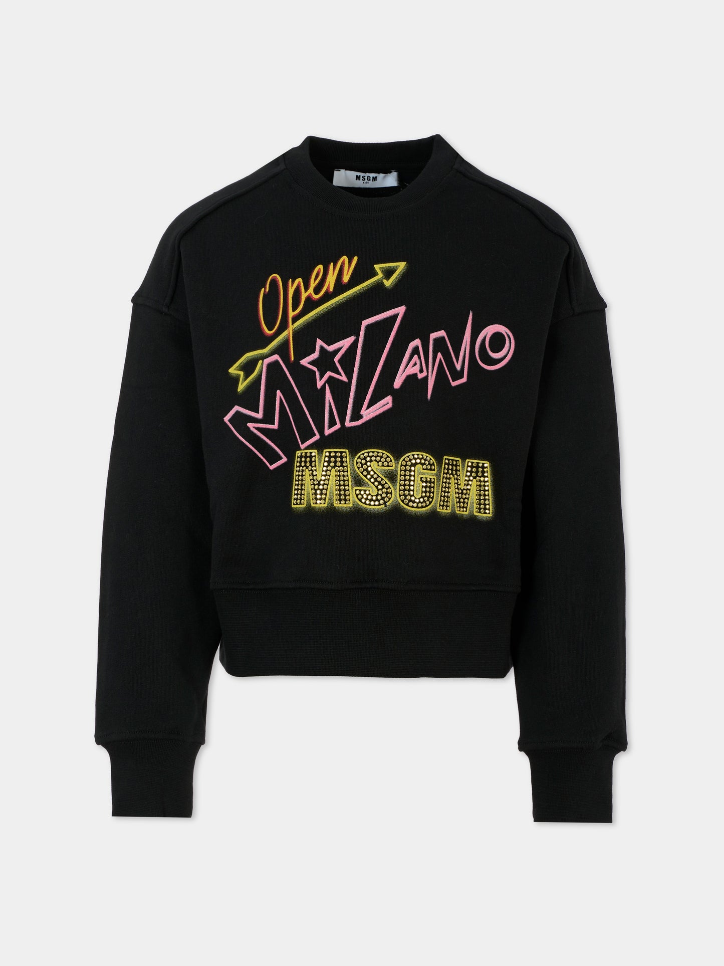 Felpa crop nera per bambina con logo e strass,Msgm Kids,F5MSJGSW268 110