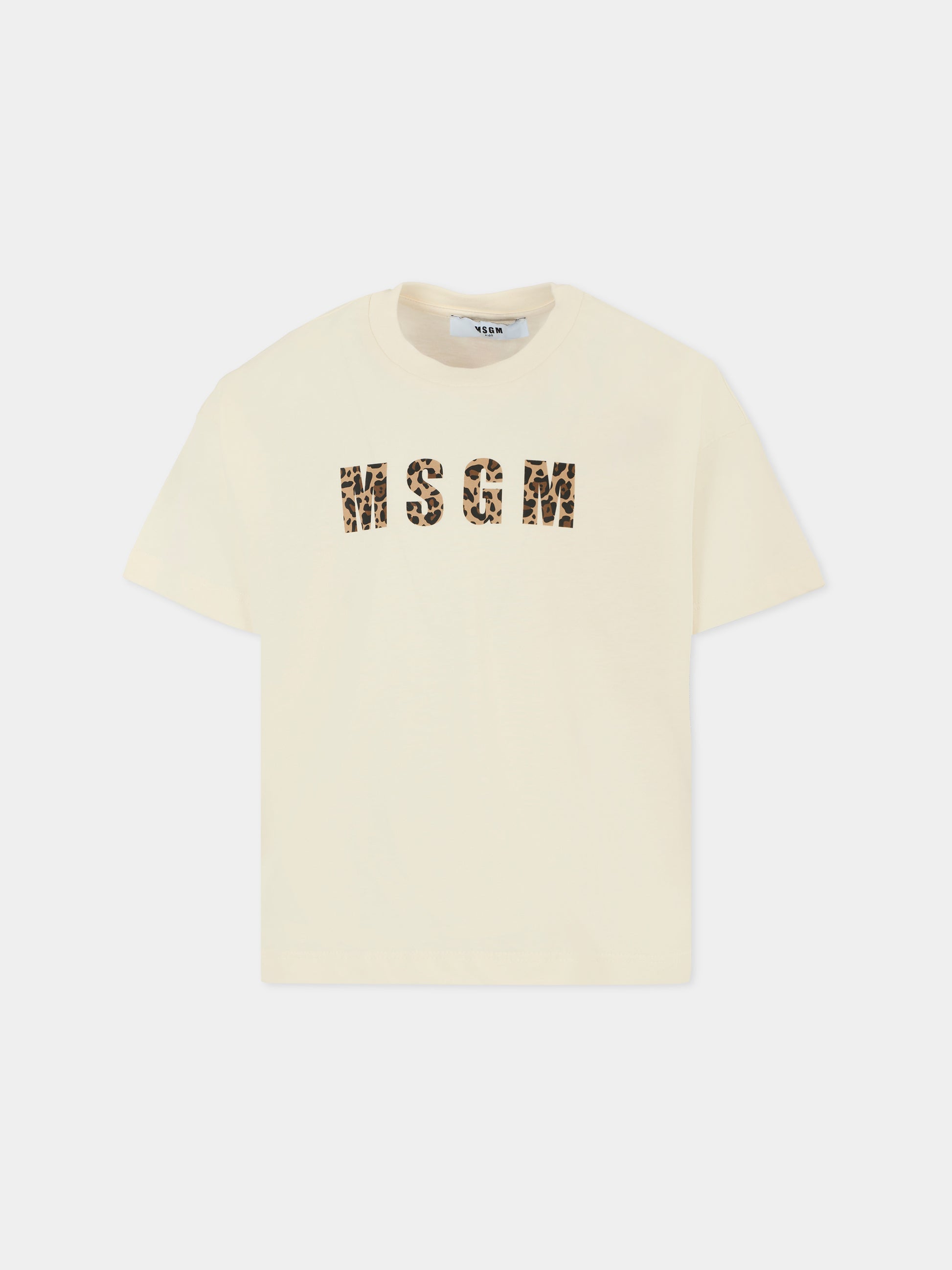 T-shirt avorio per bambina con logo animalier,Msgm Kids,F5MSJGTH141 MS059