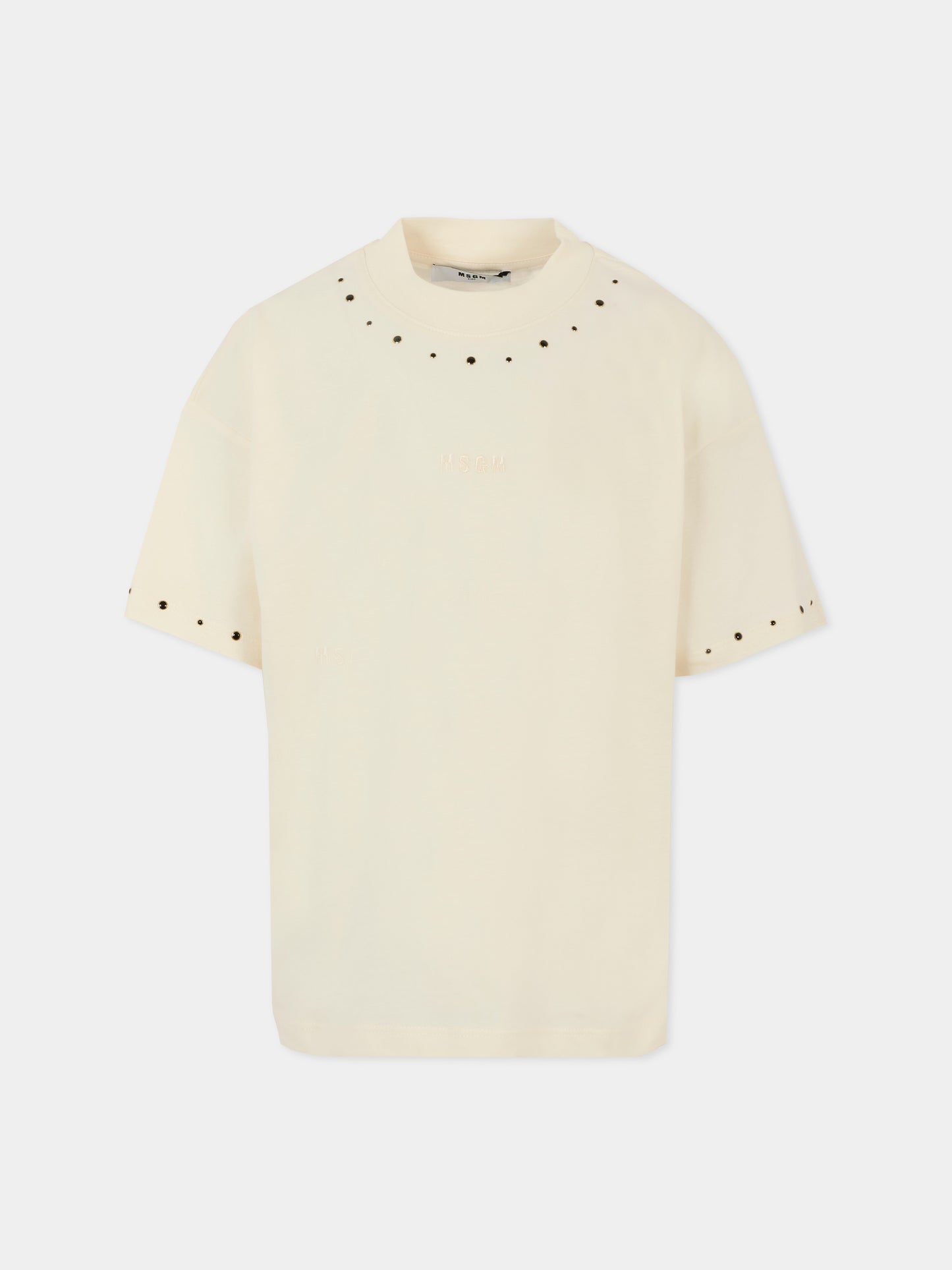 T-shirt avorio per bambina con logo e borchie,Msgm Kids,F5MSJGTH149 013