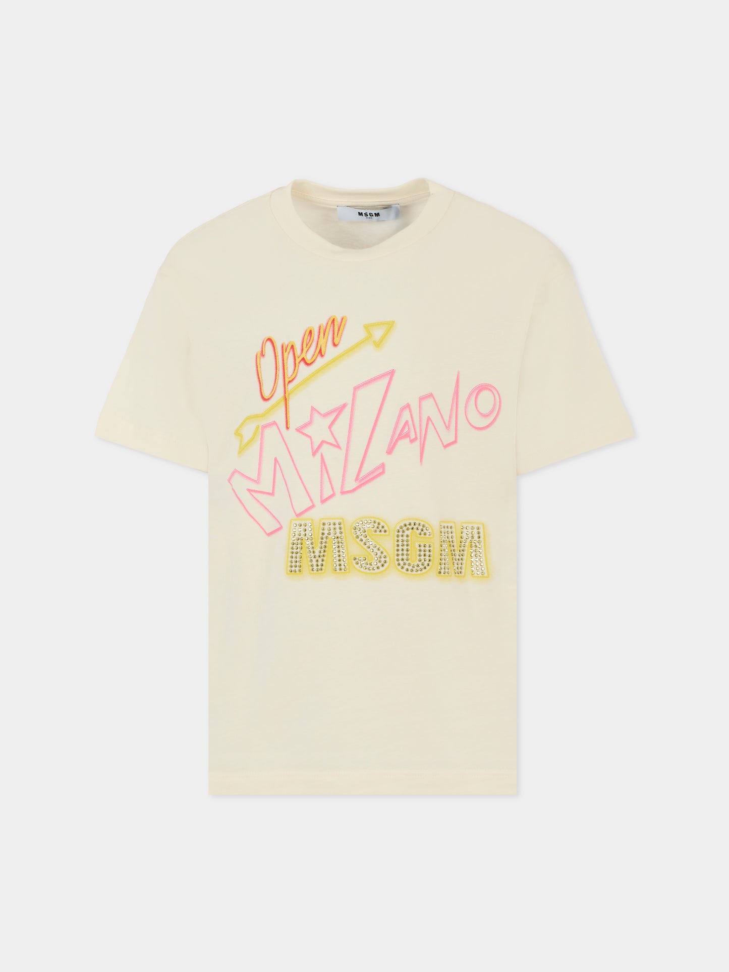 T-shirt avorio per bambina con logo e borchie,Msgm Kids,F5MSJGTH154 013