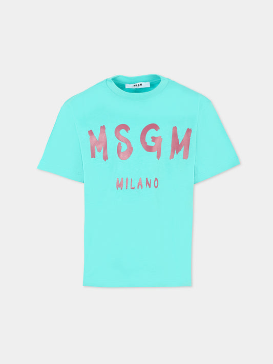 T-shirt turchese per bambini con logo,Msgm Kids,F5MSJUTH007 MS037