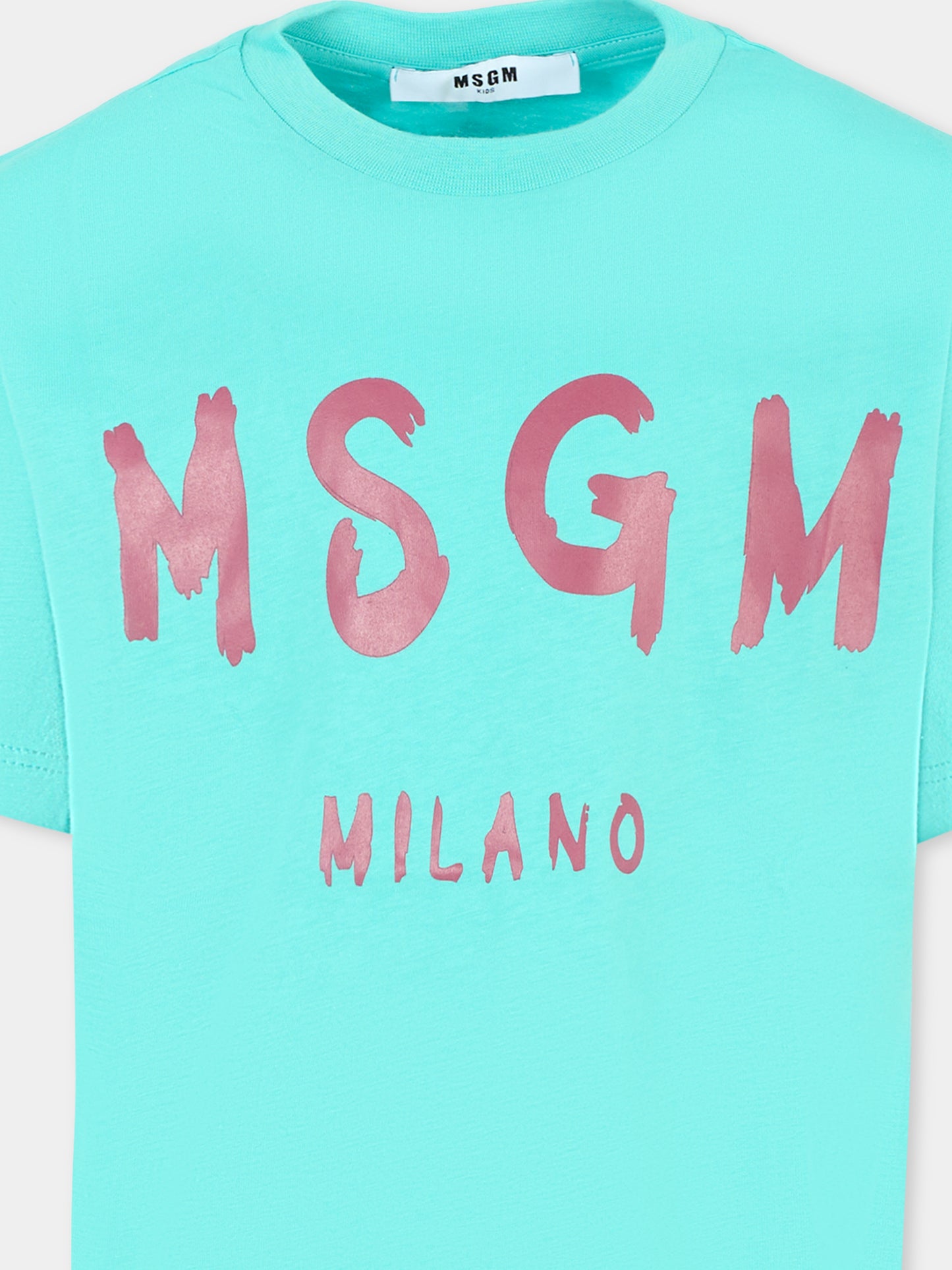 T-shirt turchese per bambini con logo,Msgm Kids,F5MSJUTH007 MS037