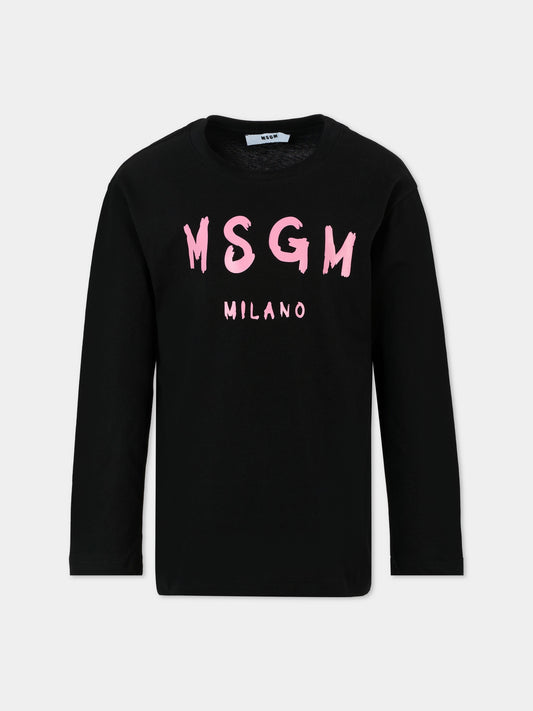 T-shirt nera per bambina con logo rosa,Msgm Kids,F5MSJUTH008 110/83