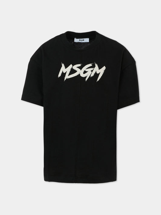 T-shirt nera per bambino con logo avorio,Msgm Kids,F5MSJUTH050 110/38