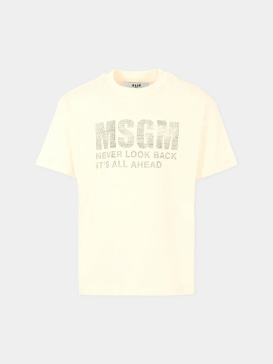 T-shirt avorio per bambini con logo,Msgm Kids,F5MSJUTH087 013