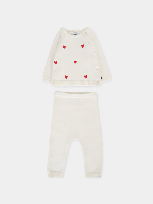 Completo avorio per neonata con cuori rossi,Petit Bateau,A0DTS 01