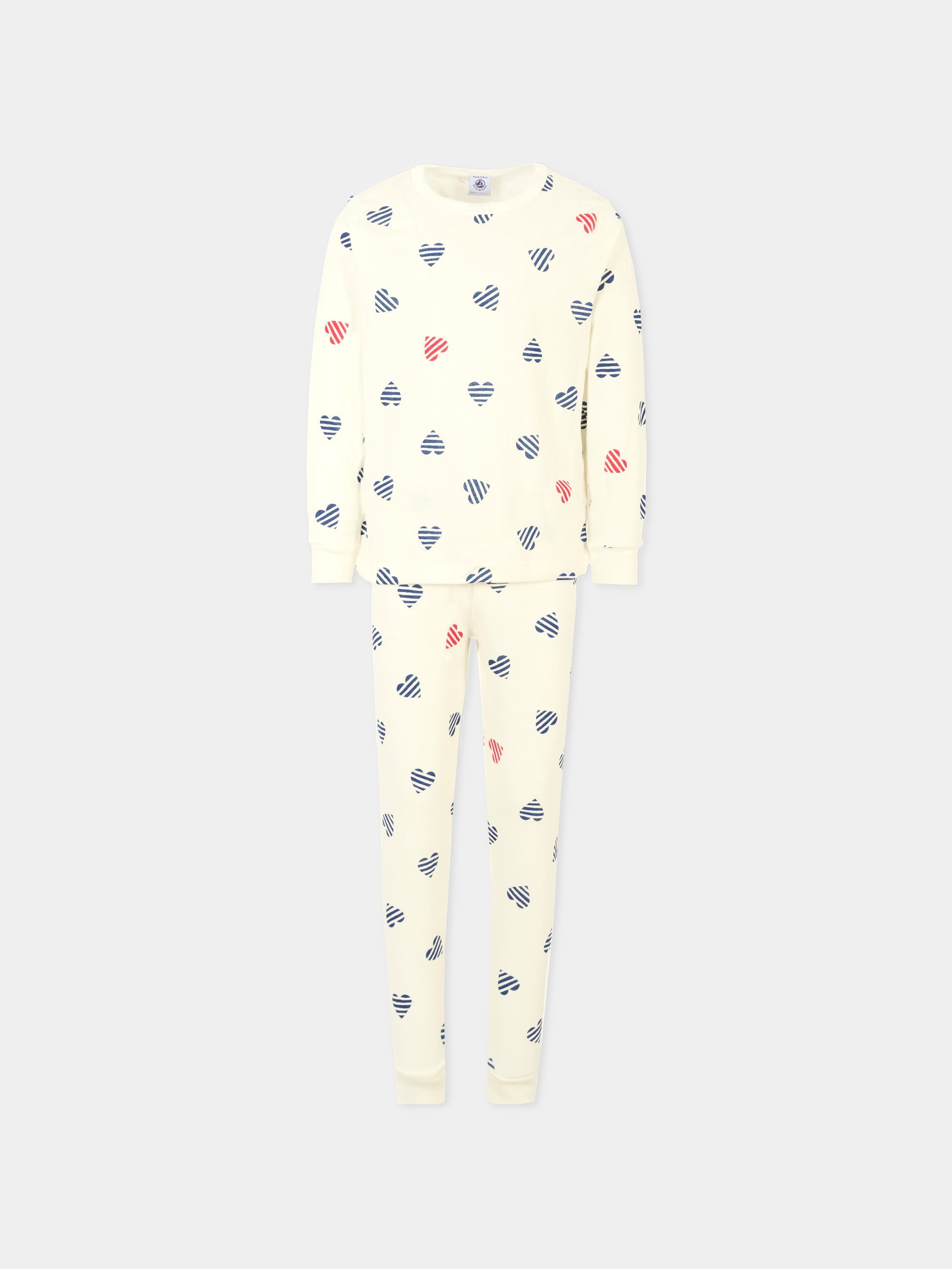 Pigiama bianco per bambina con cuori blu e rosso,Petit Bateau,A0CLU 01