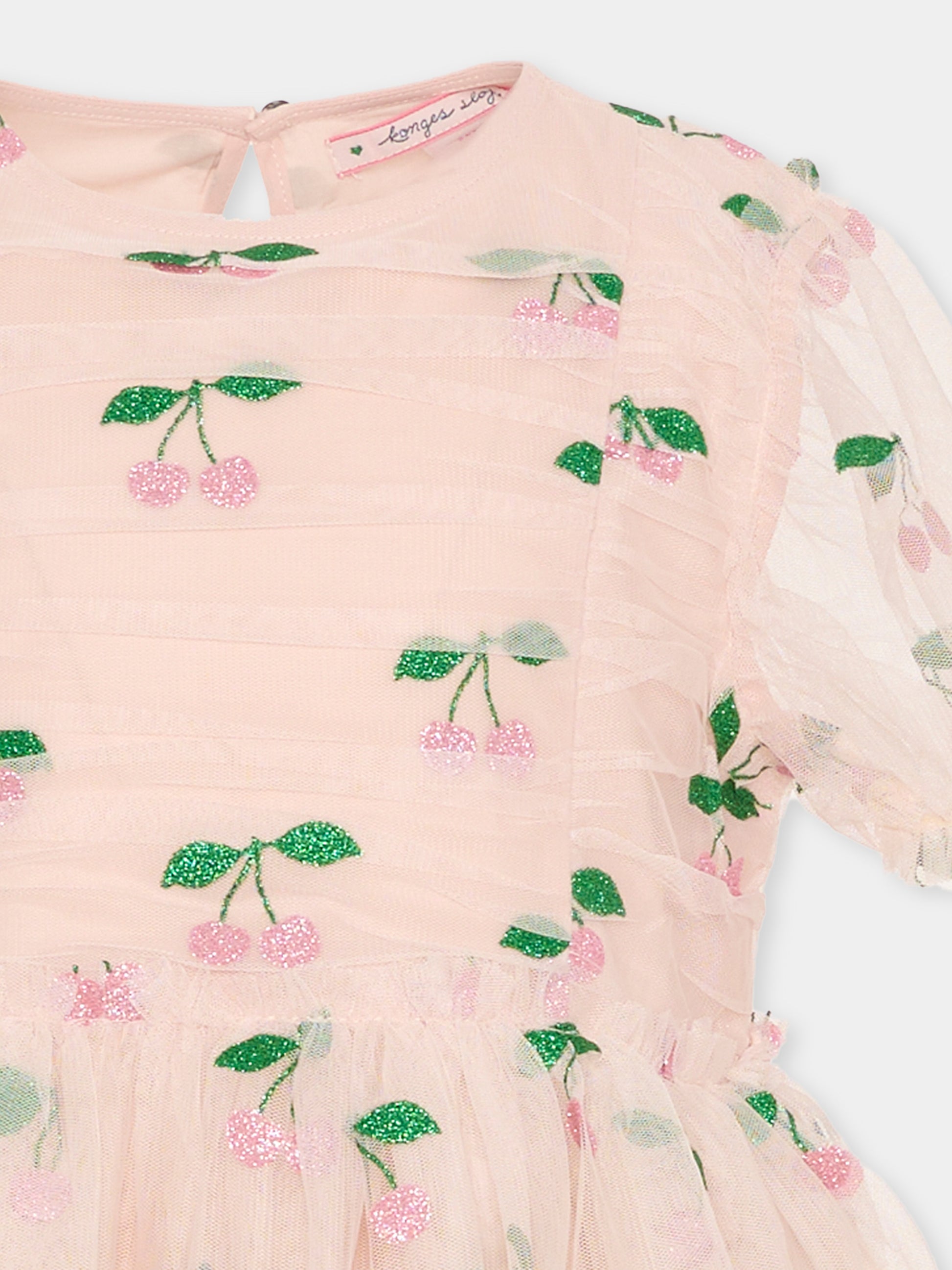 Vestito rosa per bambina con ciliegie rosa,Konges Sløjd,KS104020 MA GRANDE CERISE PINK GLITTER