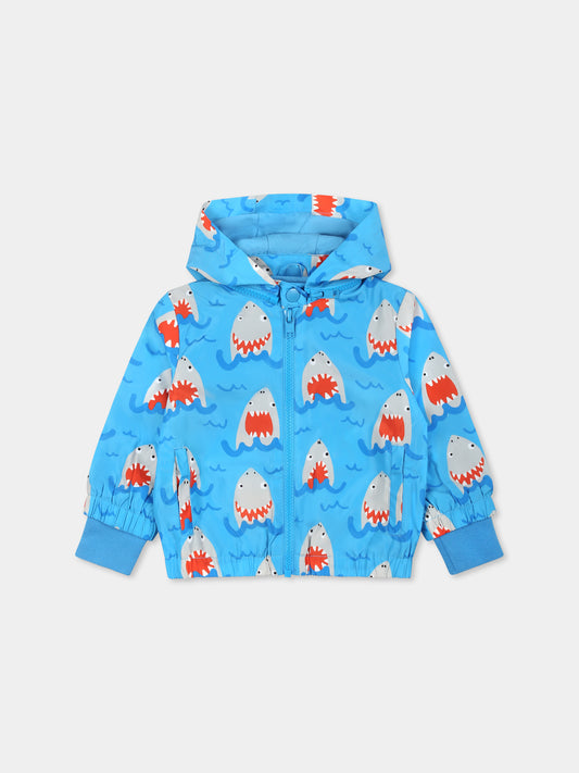 Giacca a vento blu per neonato con squalo all over,Stella Mccartney Kids,TU2507 Z1918 644MC