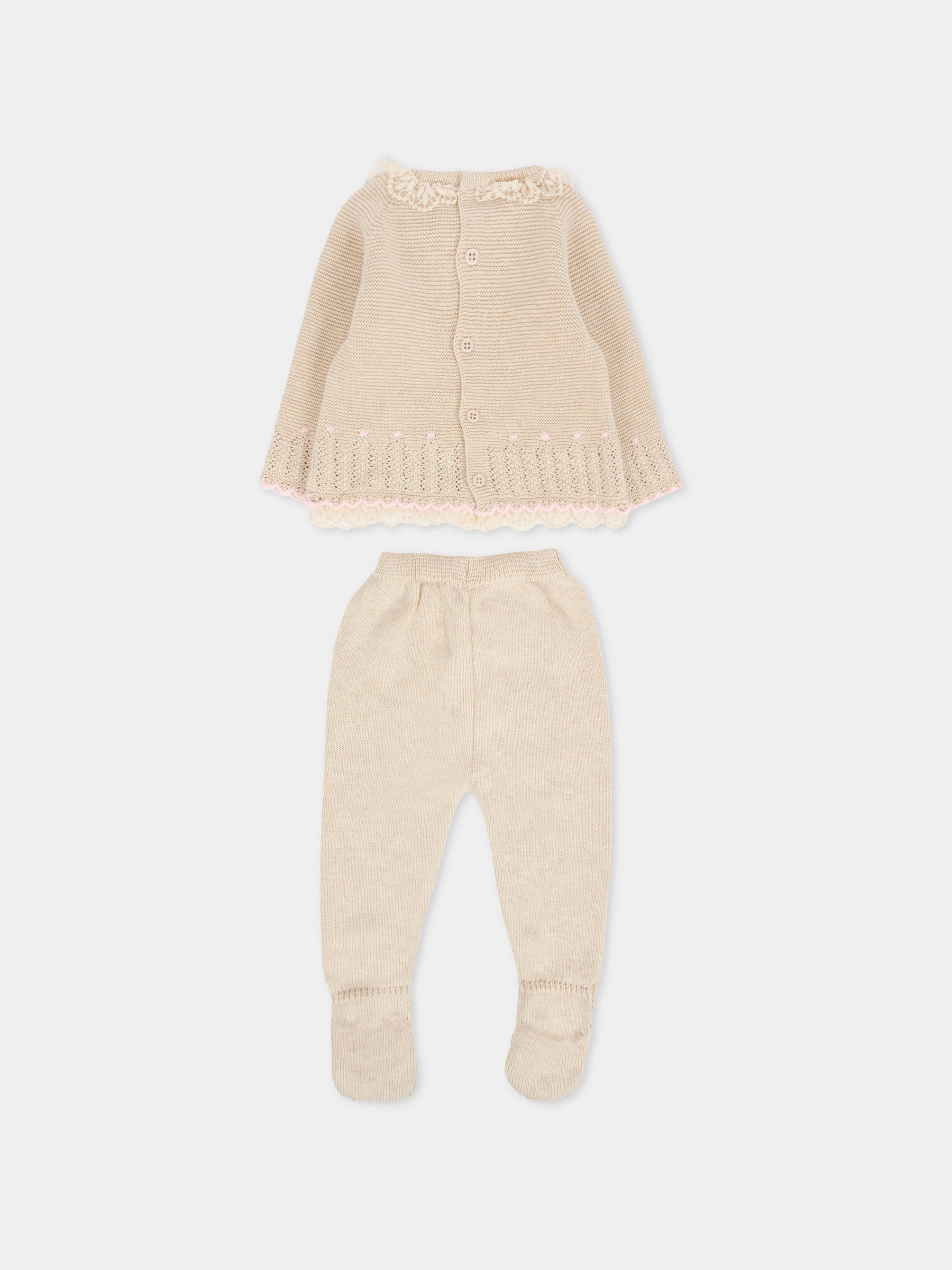 Completo nascita beige per neonata con pois rosa,Paz Rodríguez,103 123087 7337 H94