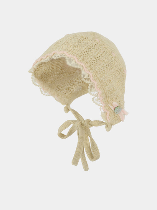 Cuffia beige per neonata con fiocco,Paz Rodríguez,011 123092 7337 H94