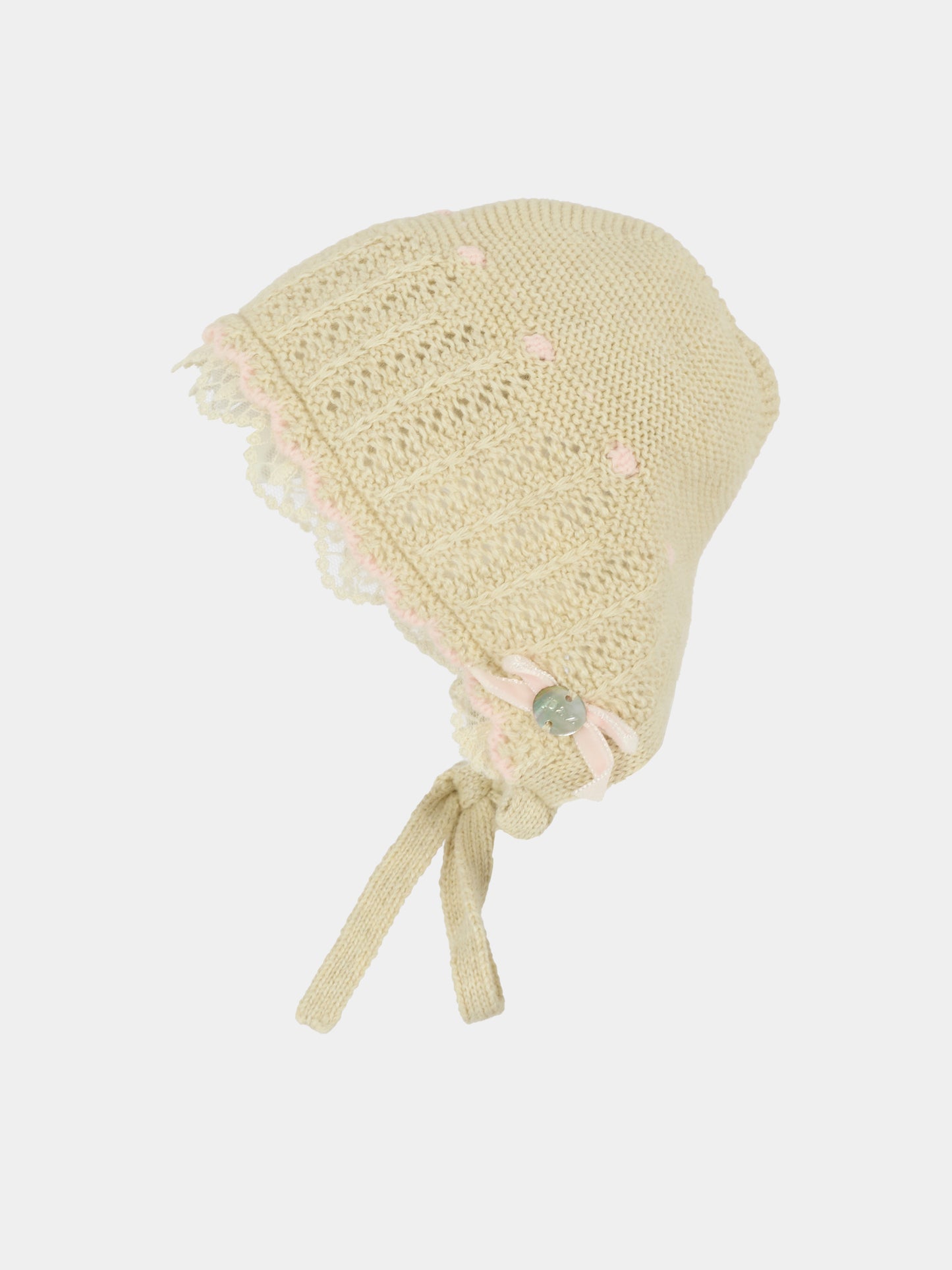 Cuffia beige per neonata con fiocco,Paz Rodríguez,011 123092 7337 H94
