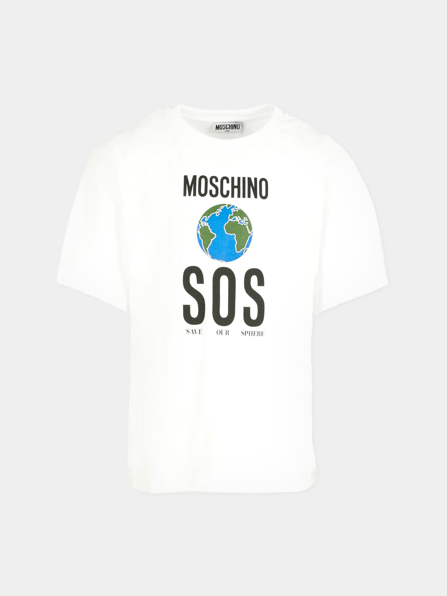 T-shirt bianca per bambino con pianeta terra,Moschino Kids,HDM071 LAA10 10101