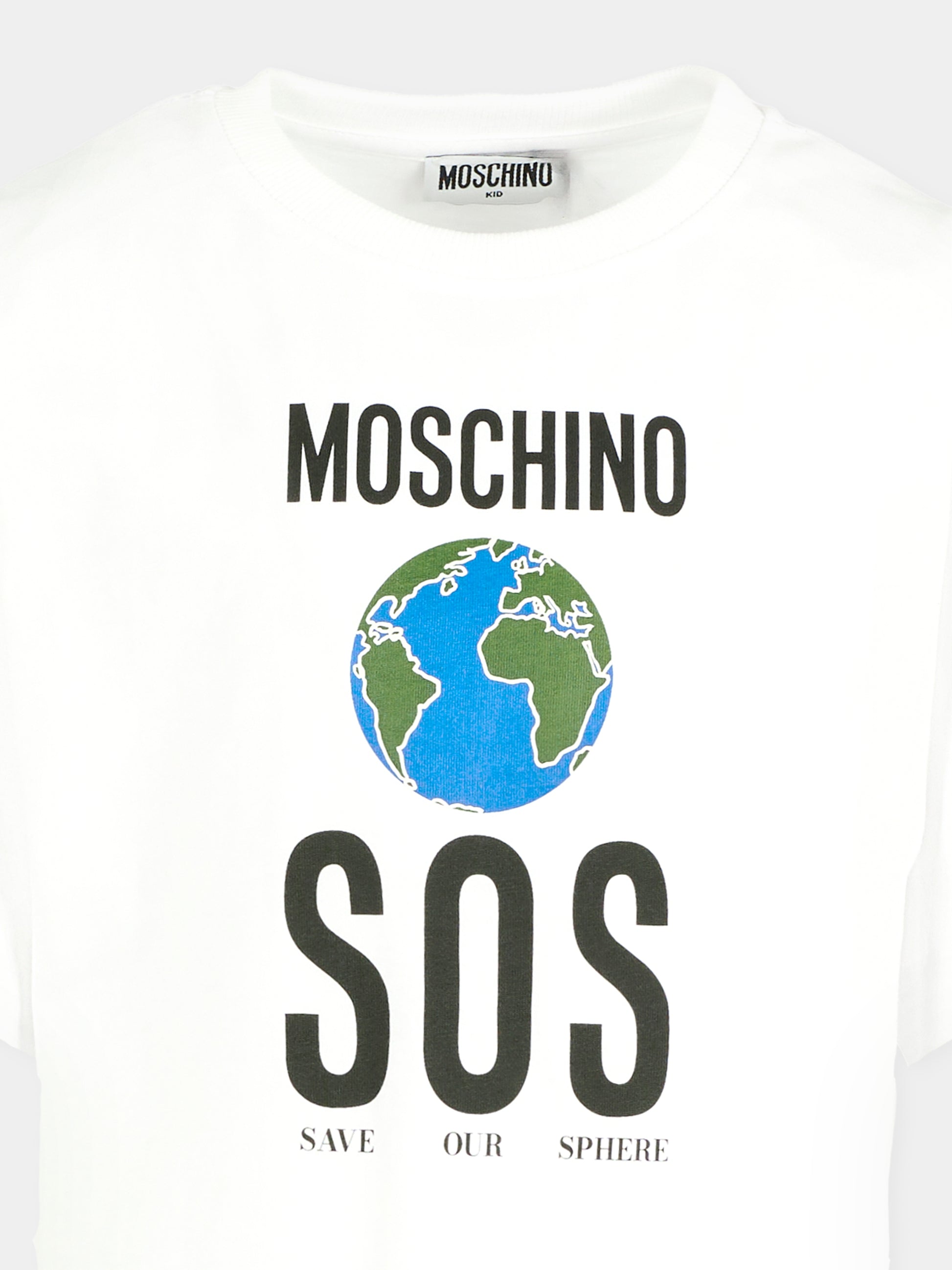 T-shirt bianca per bambino con pianeta terra,Moschino Kids,HDM071 LAA10 10101