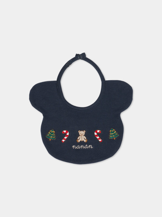 Bavaglino blu per neonato con ricami natalizi,Nanán,I25031BL