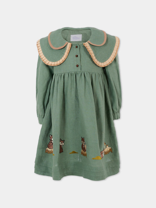 Vestito verde per bambina con volpe,Pangolini Kids,DRESS FOX