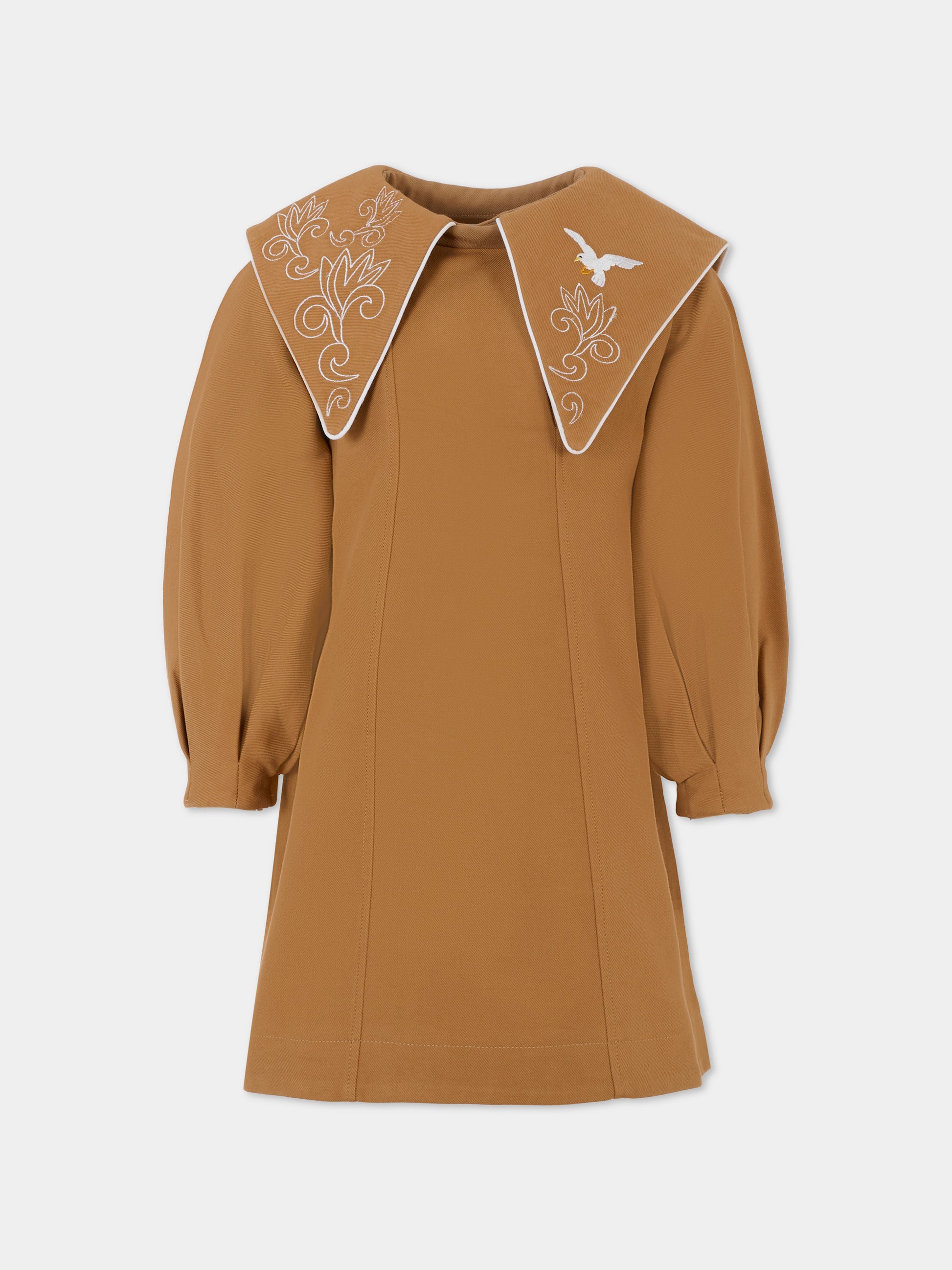 Vestito marrone per bambina con ricami,Pangolini Kids,DRESS