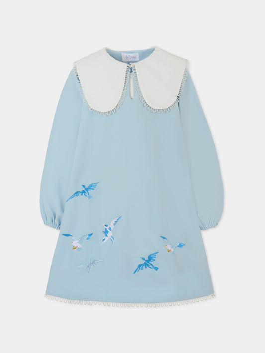Vestito celeste per bambina con uccelli,Pangolini Kids,DRESS THE FLIGHT OF BIRDS