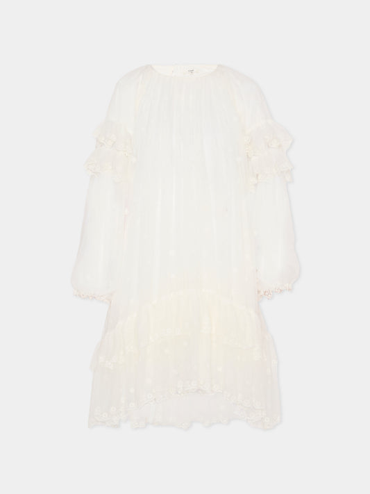 Vestito avorio per bambina con fiori ricamati,Chloé Kids,C20612 117