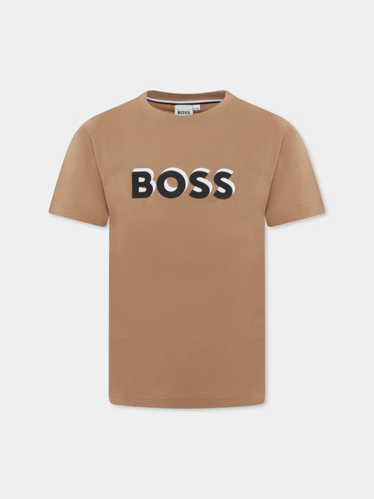 T-shirt marrone per bambino con logo,Boss,J50723 269