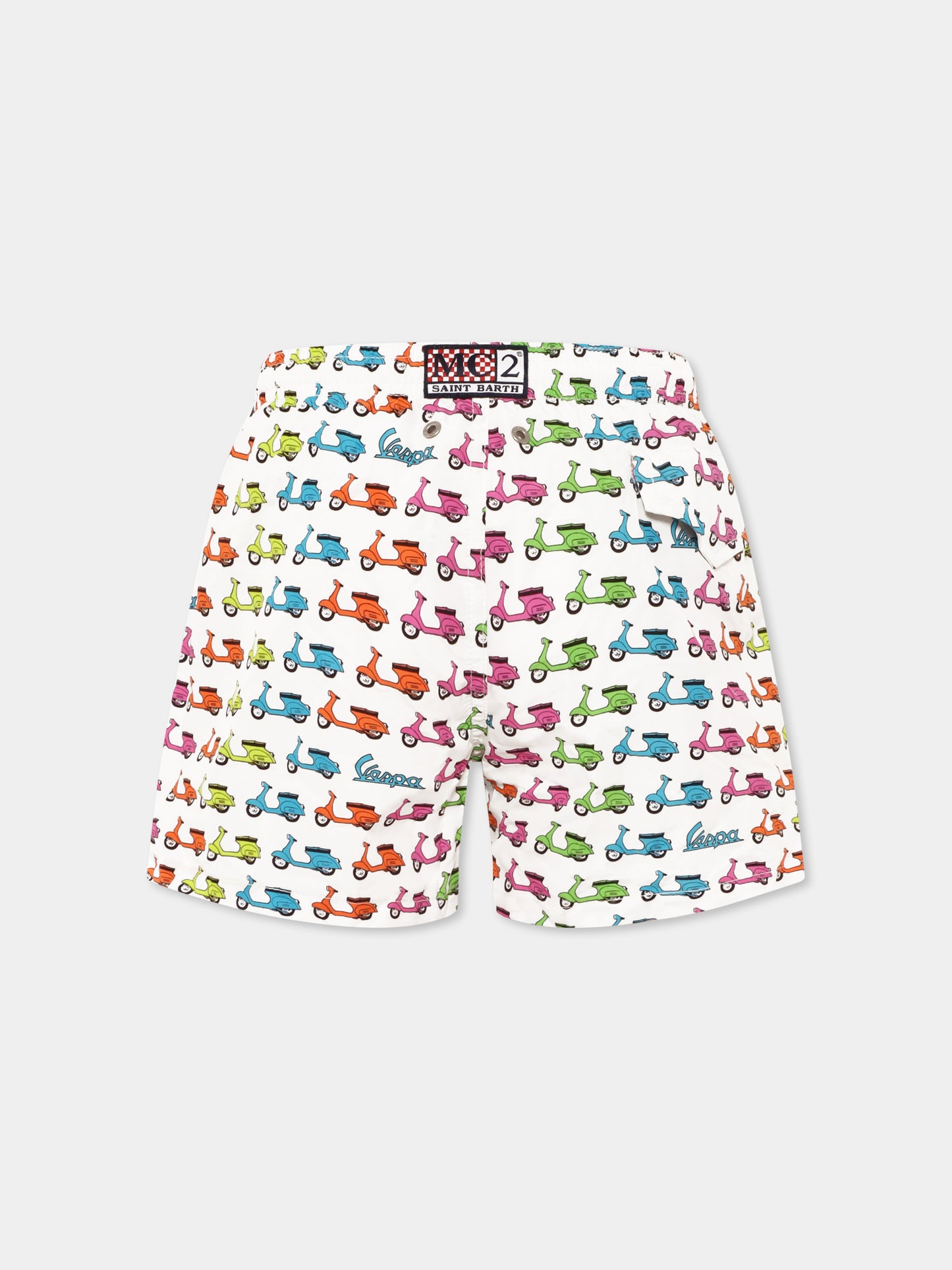 Multicolor swim shorts for boy with Vespa