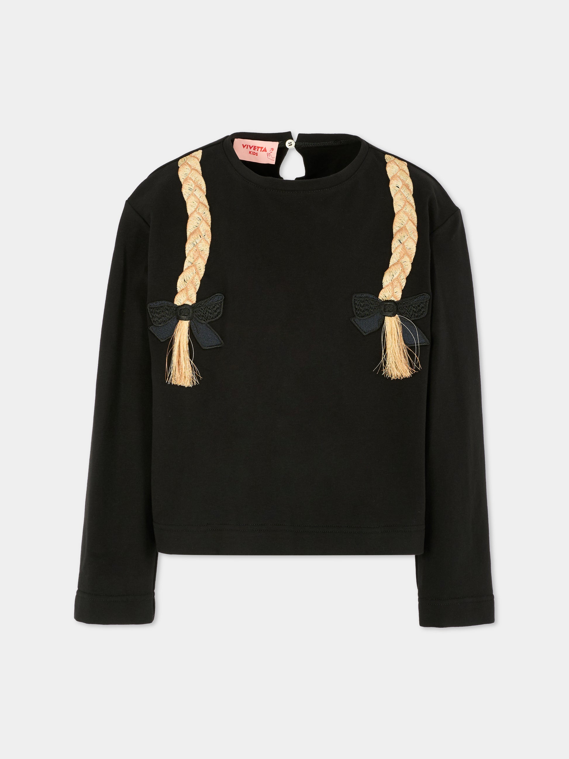 Felpa nera per bambina con trecce,Vivetta Kids,VI2565N