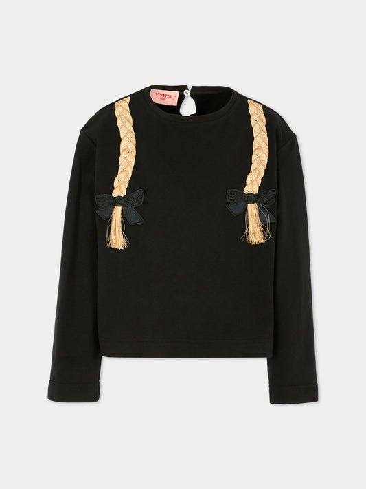 Felpa nera per bambina con trecce,Vivetta Kids,VI2565N