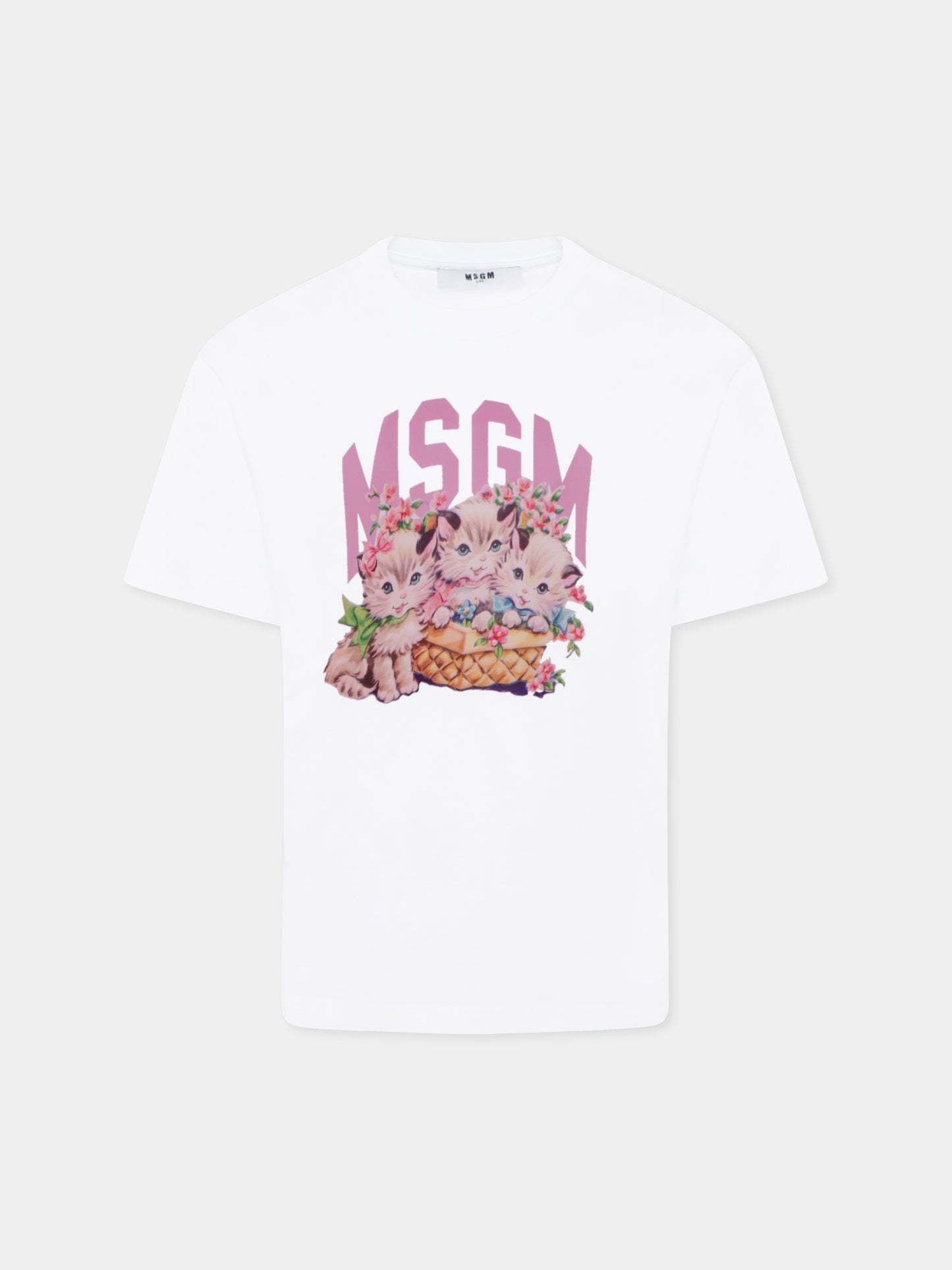 T-shirt bianca per bambina con stampa gatti e  logo,Msgm Kids,S5MSJGTH109 001