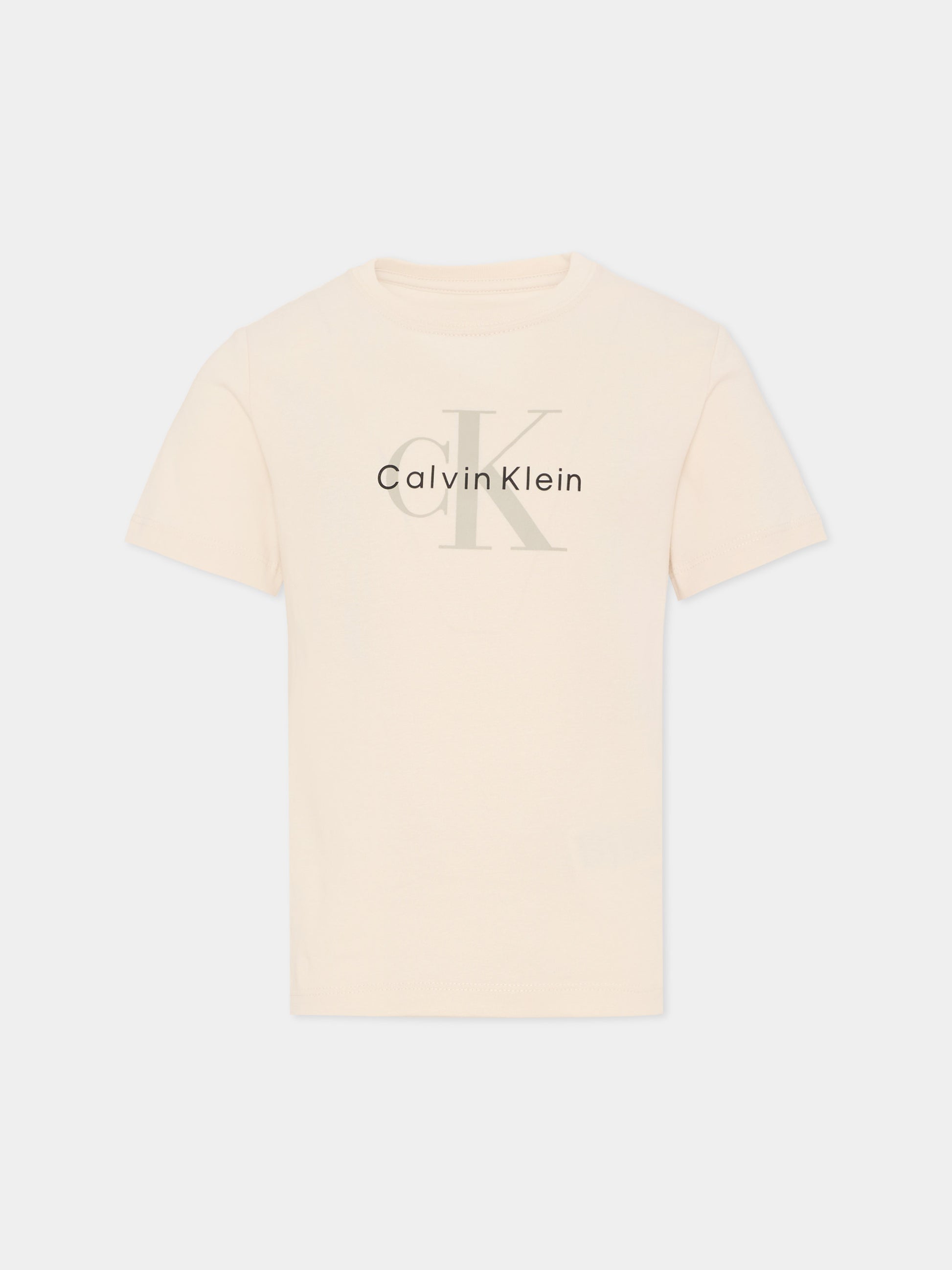 T-shirt beige per bambini con logo,Calvin Klein Kids,IU0IU00715 PGB