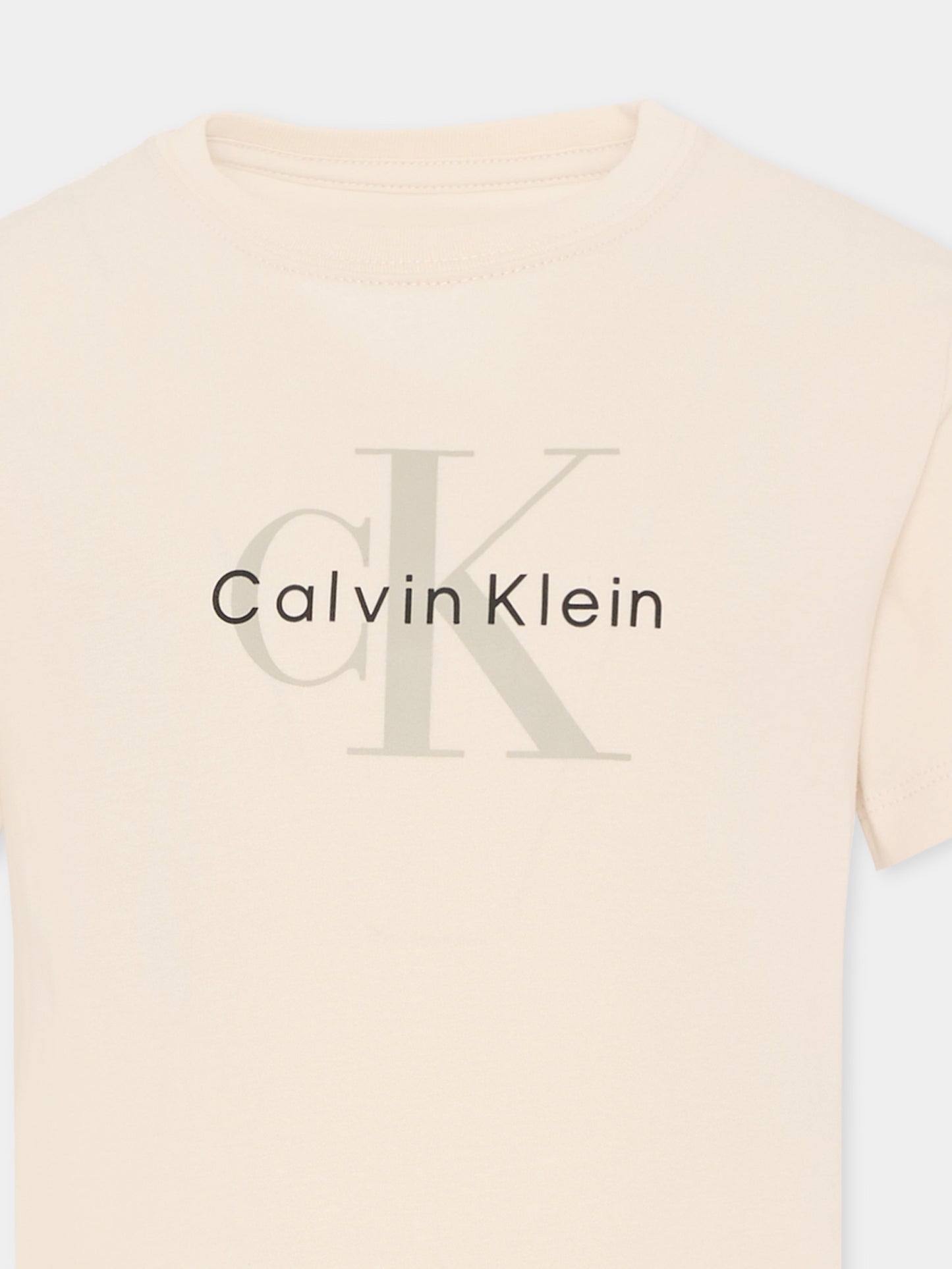 T-shirt beige per bambini con logo,Calvin Klein Kids,IU0IU00715 PGB