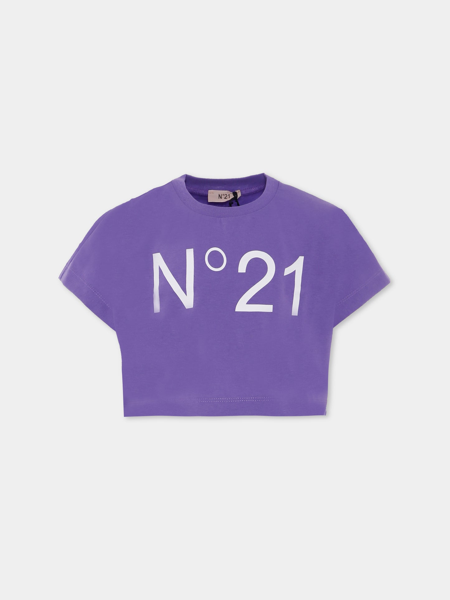 T-shirt crop viola per bambina con logo,N°21 Kids,N21558 N0153 0N602