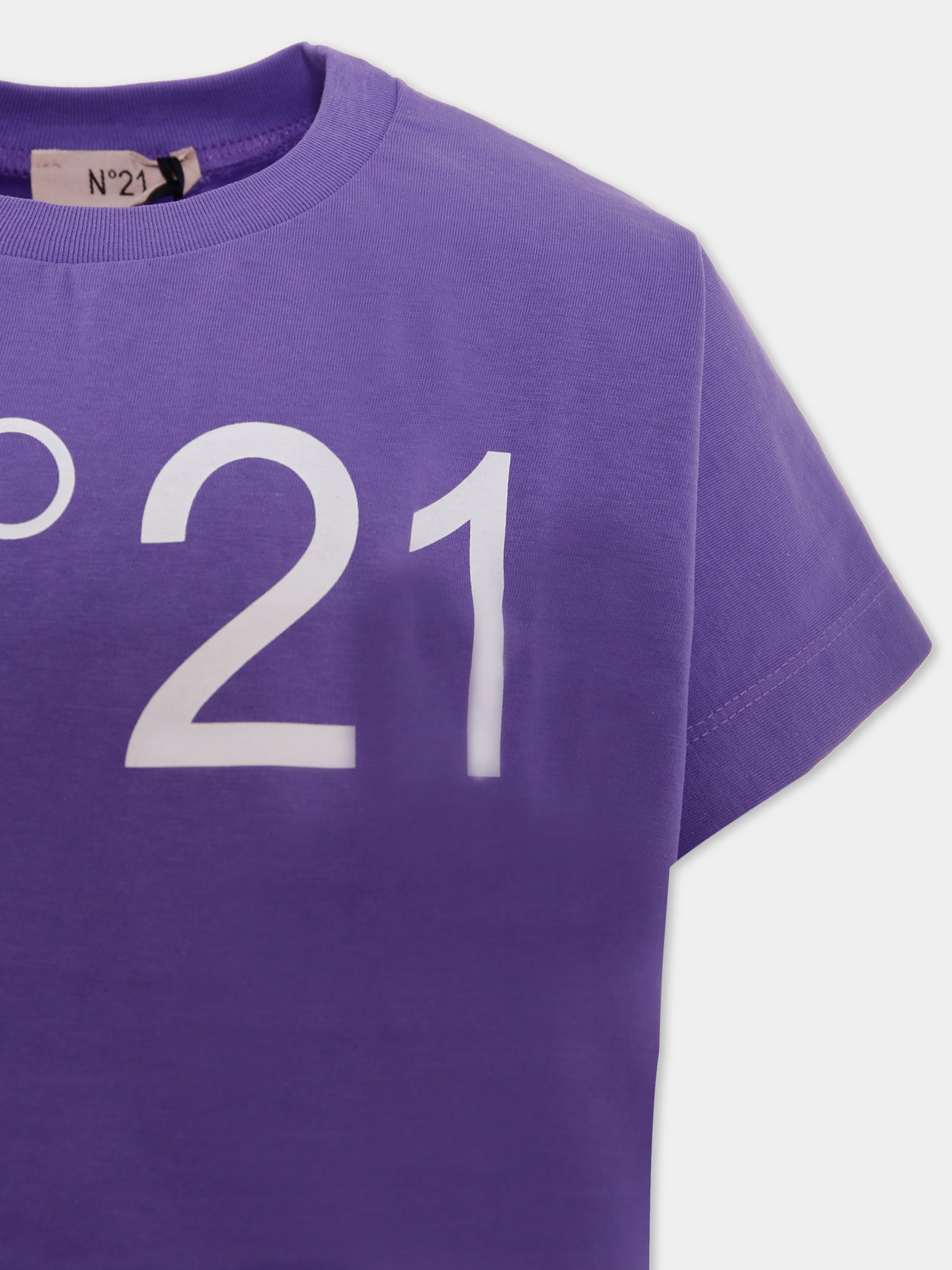 T-shirt crop viola per bambina con logo,N°21 Kids,N21558 N0153 0N602
