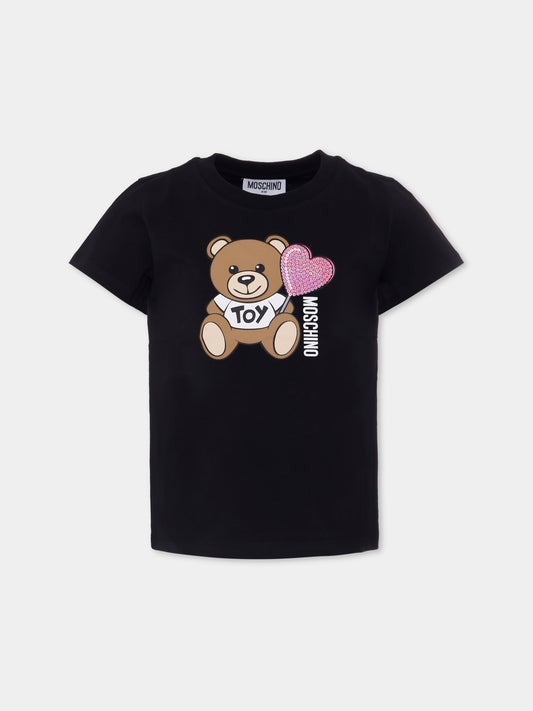 T-shirt nera per bambina con Teddy Bear e cuore,Moschino Kids,HDM06K LBA00 60100