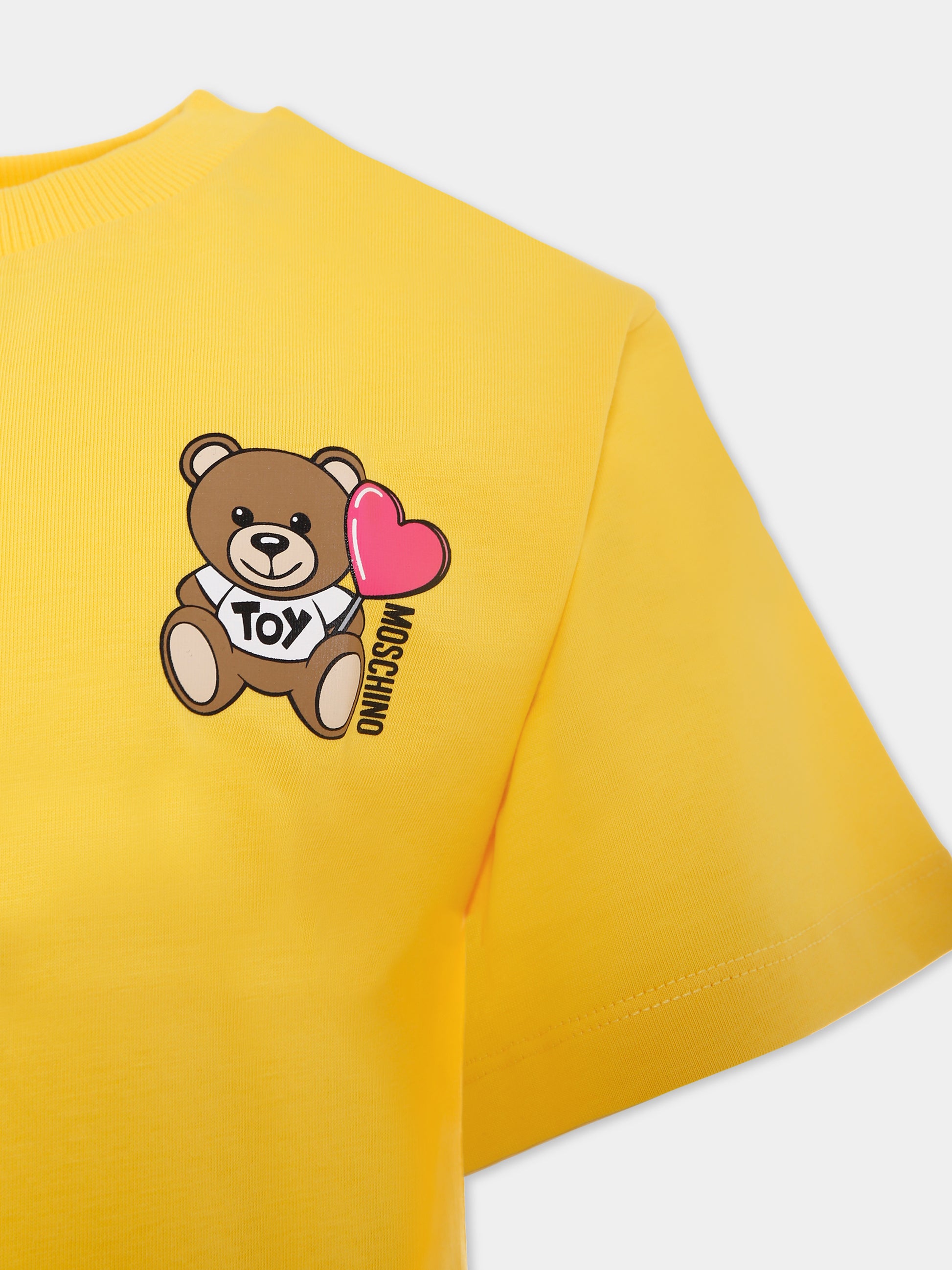 T-shirt gialla per bambina con Teddy Bear e cuore,Moschino Kids,HHM060 LAA02 50577