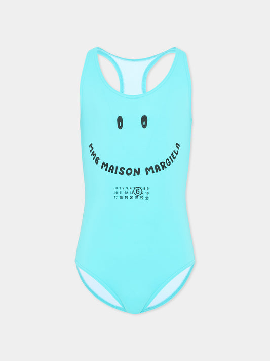 Costume intero azzurro per bambina con logo,Mm6 Maison Margiela,M60991 MM00P M6809